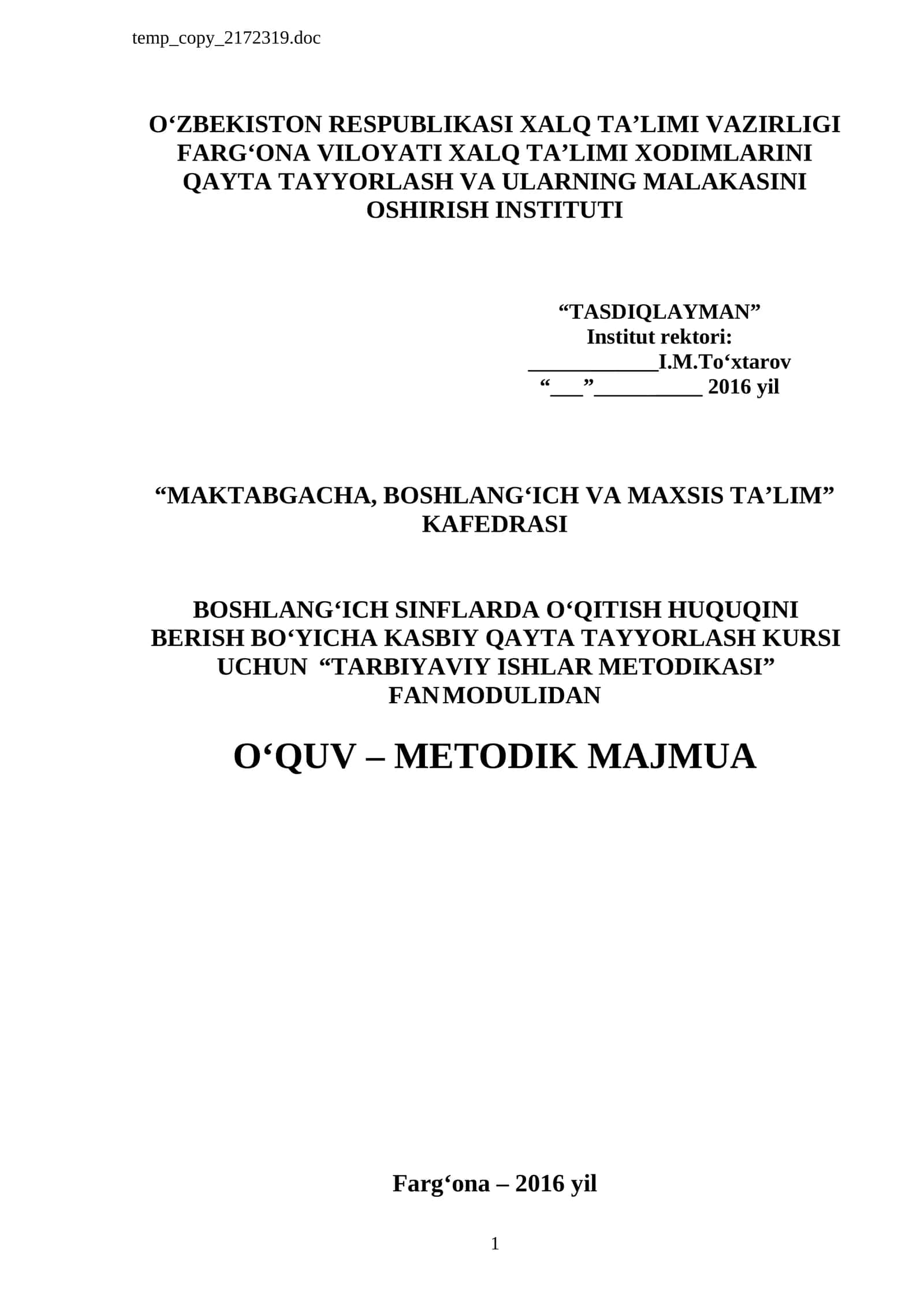 “TARBIYAVIY ISHLAR METODIKASI” FAN MODULIDAN O‘QUV – METODIK MAJMUA