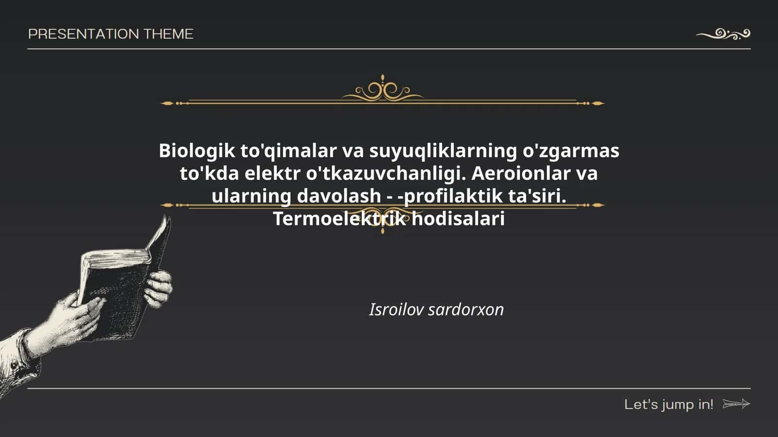 Biologik to'qimalar va suyuqliklarning o'zgarmas to'kda elektr o'tkazuvchanligi. Aeroionlar va ularning davolash - -profilaktik ta'siri. Termoelektrik hodisalari