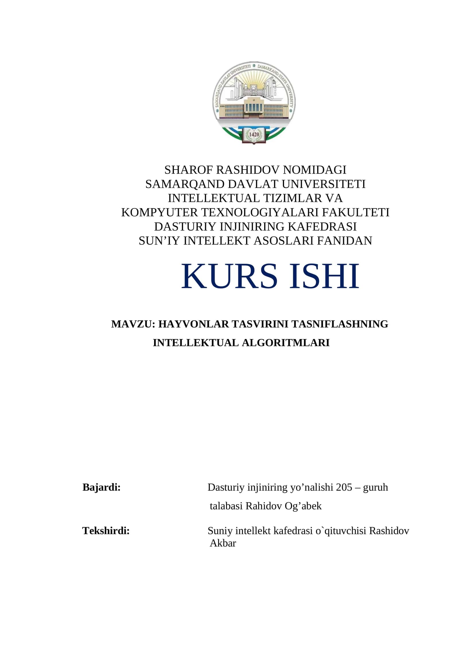 HAYVONLAR TASVIRINI TASNIFLASHNING INTELLEKTUAL ALGORITMLARI