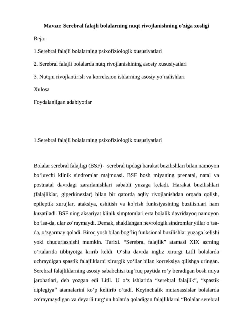 Serebral falajli bolalarning psixofiziologik xususiyatlari