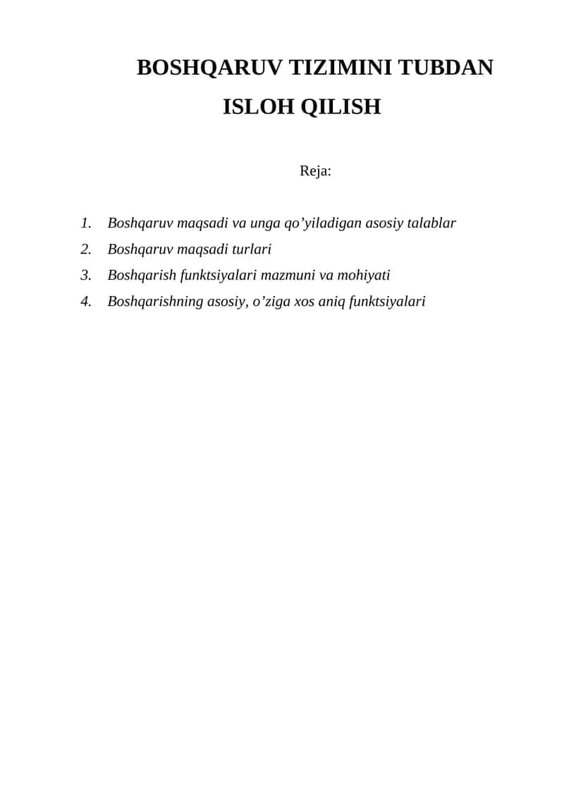 Boshqaruv Tizimini Tubdan Isloh Qilish