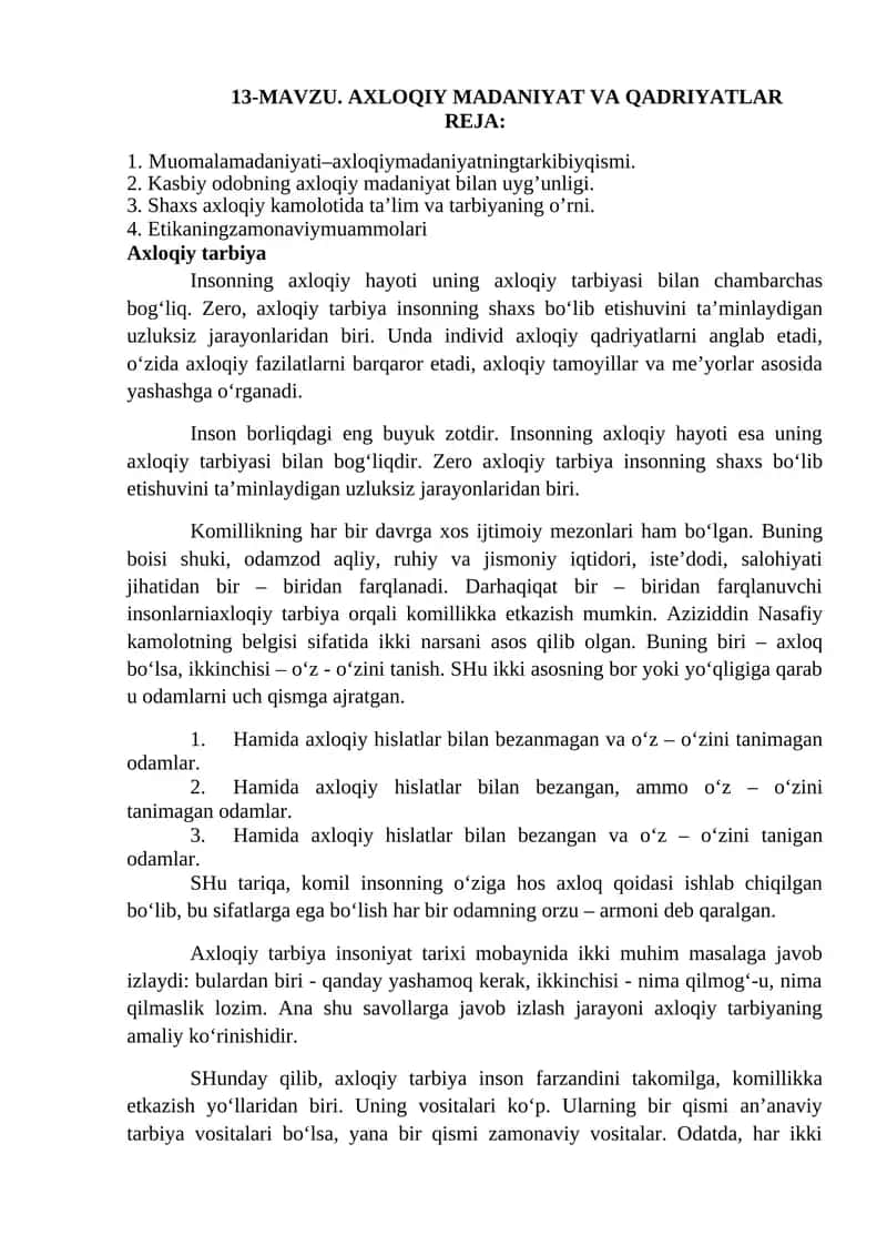 AXLOQIY MADANIYAT VA QADRIYATLAR