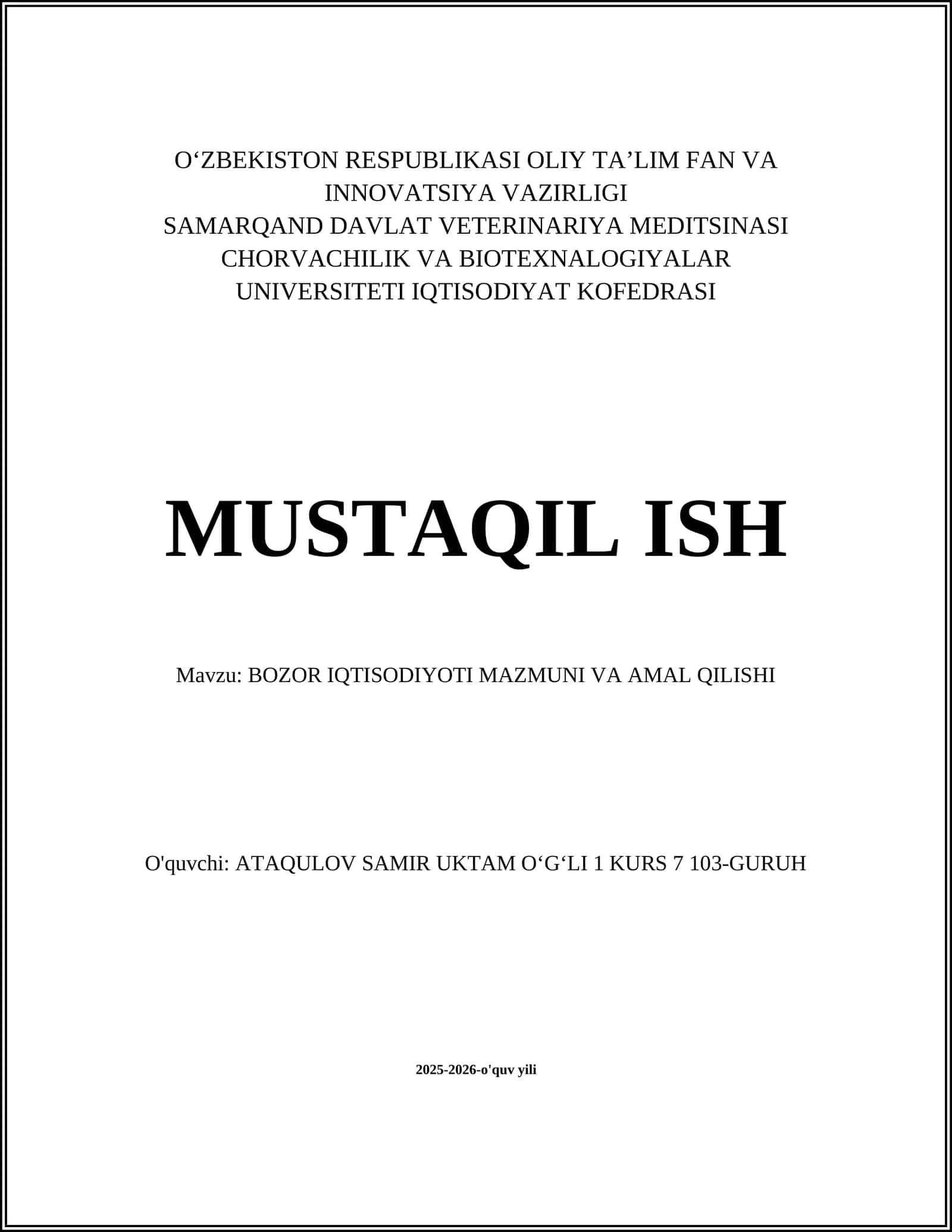 BOZOR IQTISODIYOTI MAZMUNI VA AMAL QILISHI