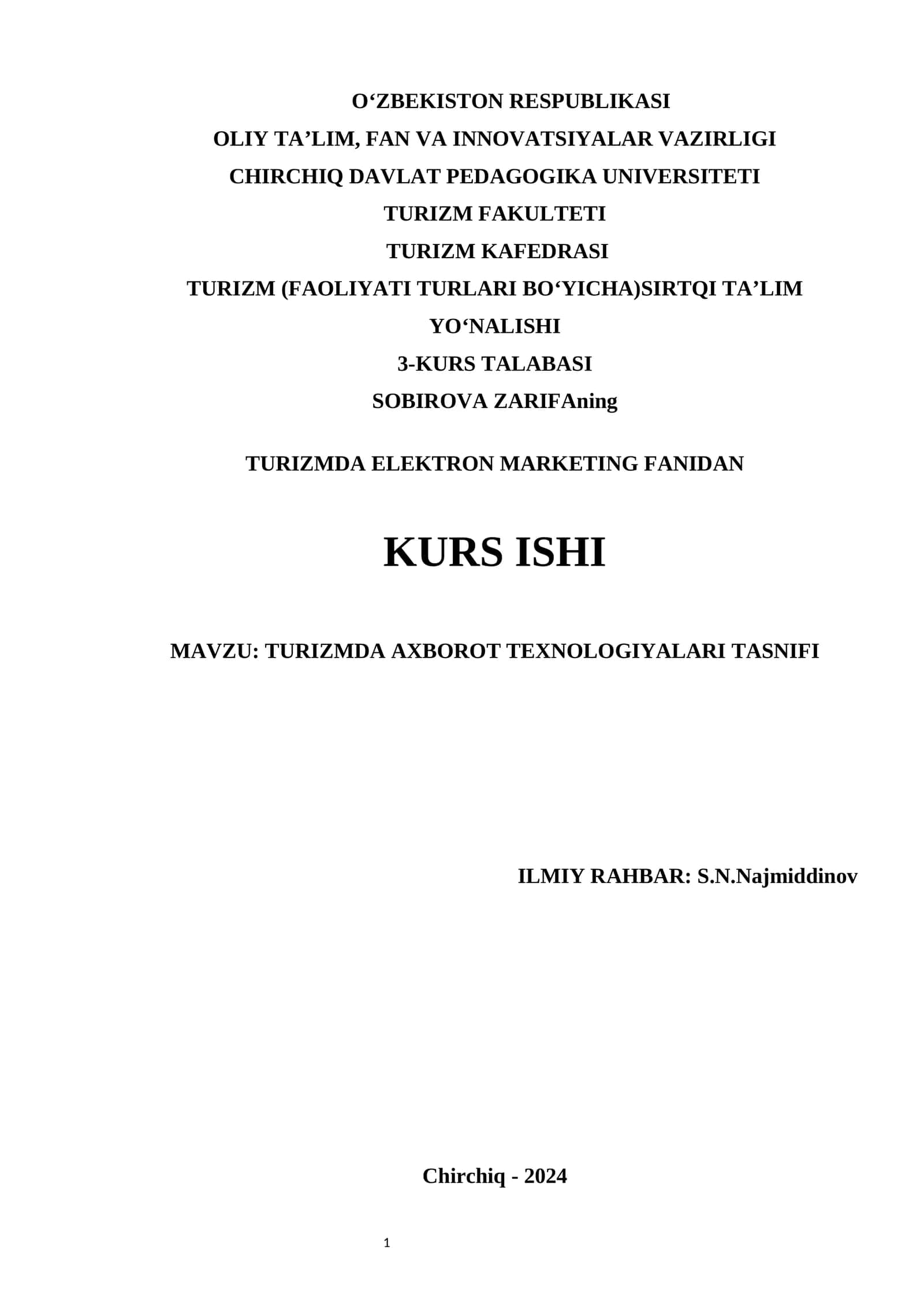 TURIZMDA ELEKTRON MARKETING FANIDAN KURS ISHI