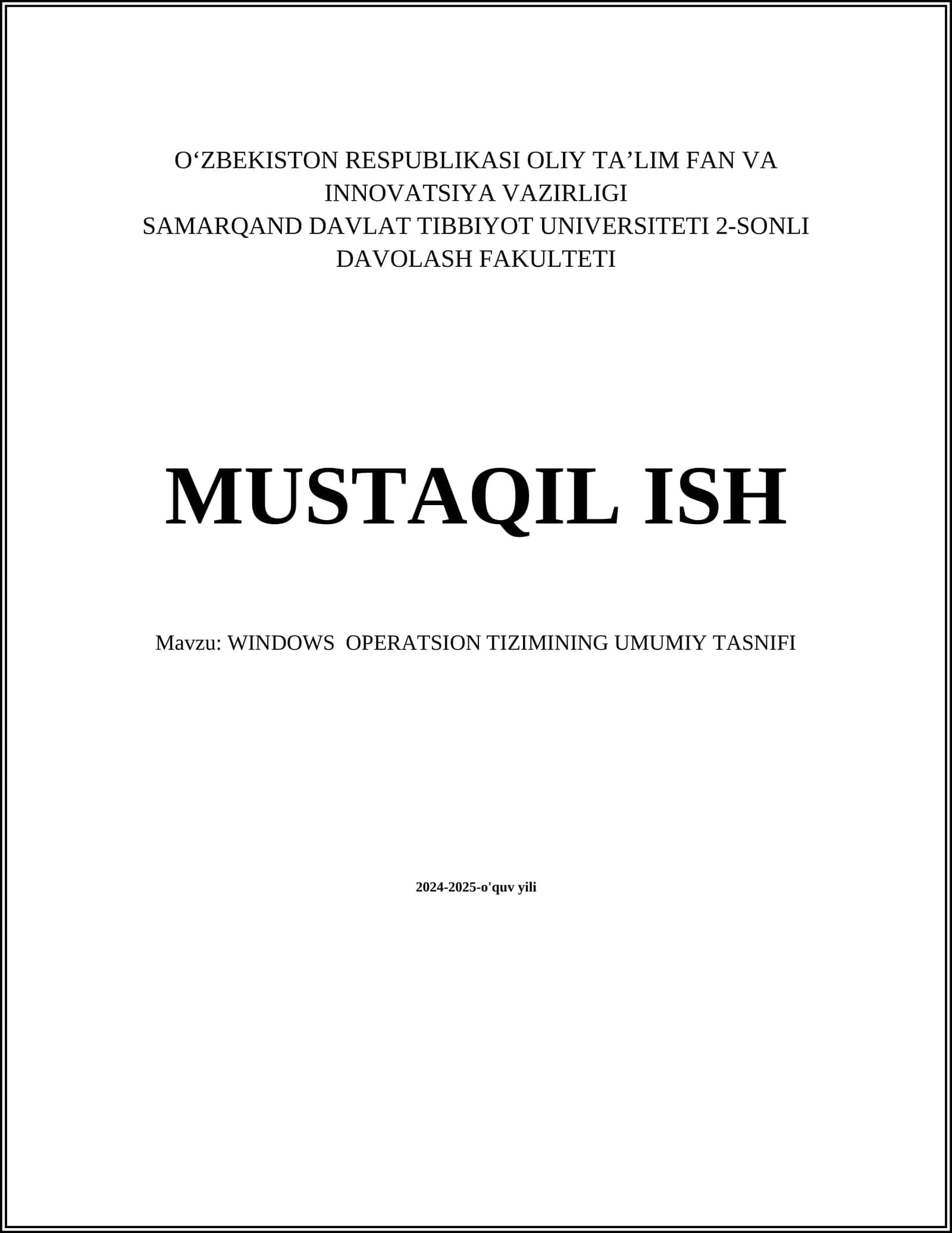 WINDOWS OPERATSION TIZIMINING UMUMIY TASNIFI