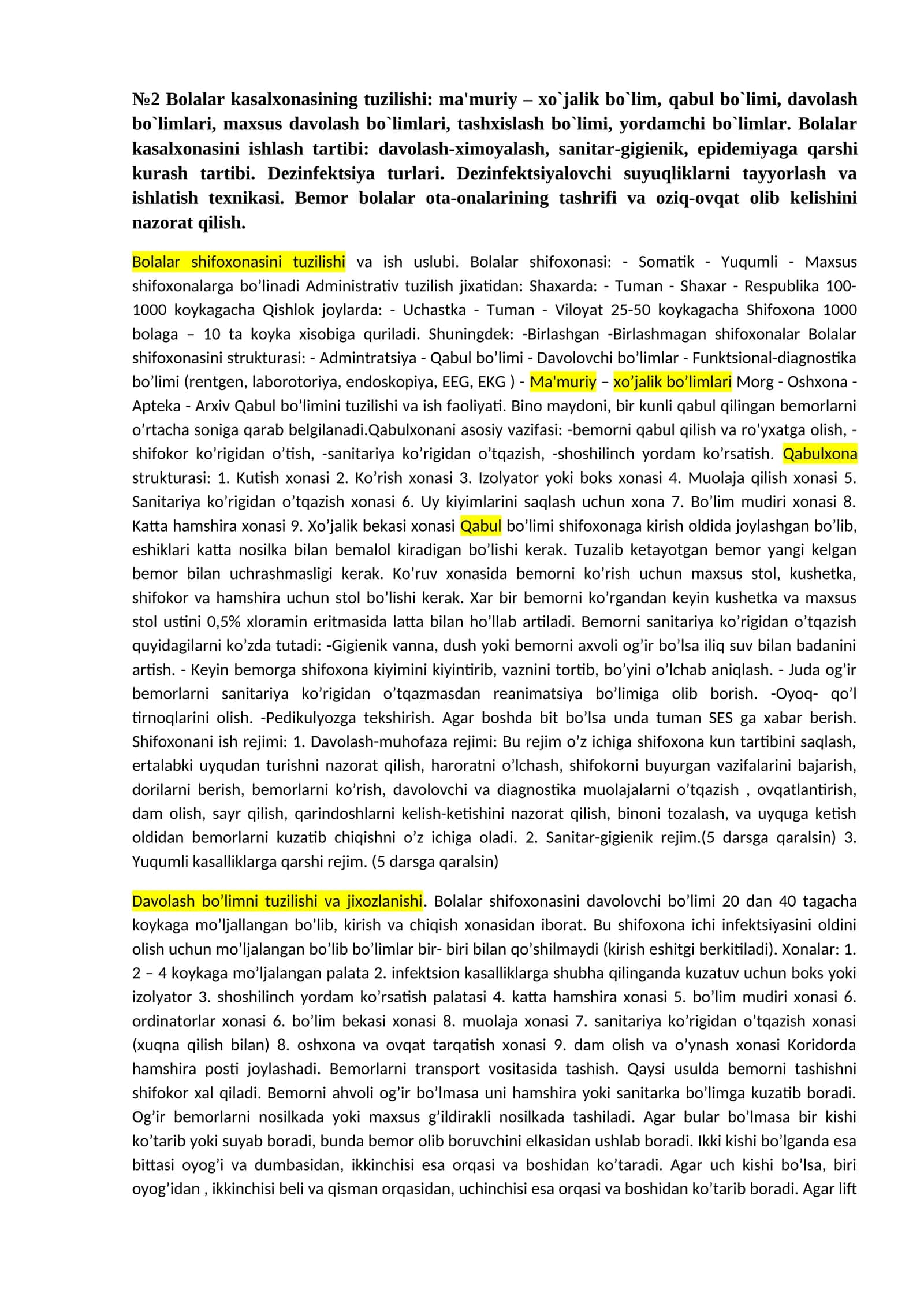 Bolalar kasalxonasining tuzilishi va ish uslubi