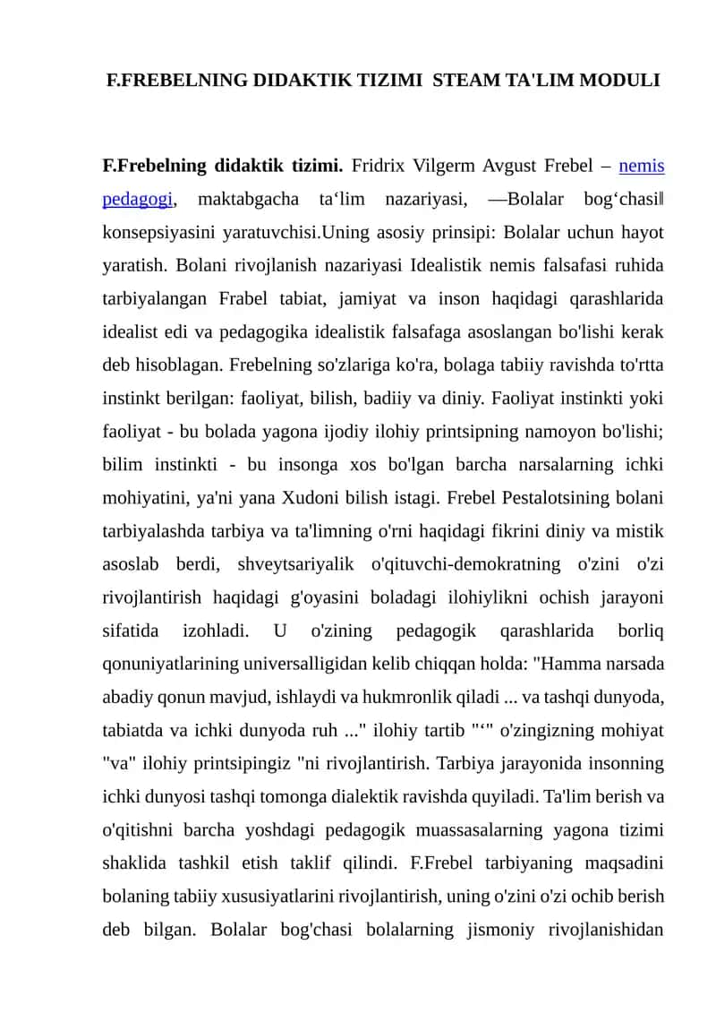 F.FREBELNING DIDAKTIK TIZIMI STEAM TA'LIM MODULI