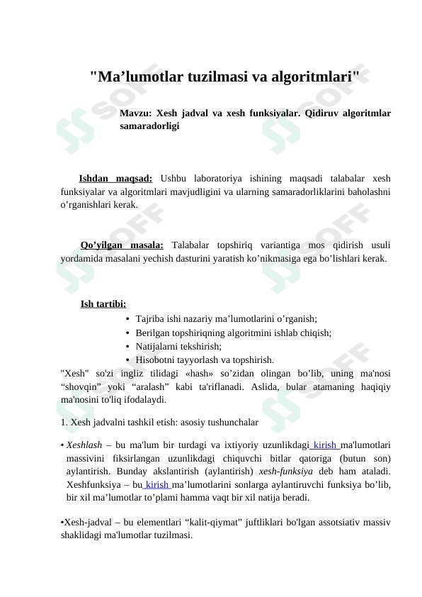 xesh jadval va xeshlash qidiruv algoritmlar samaradorligi