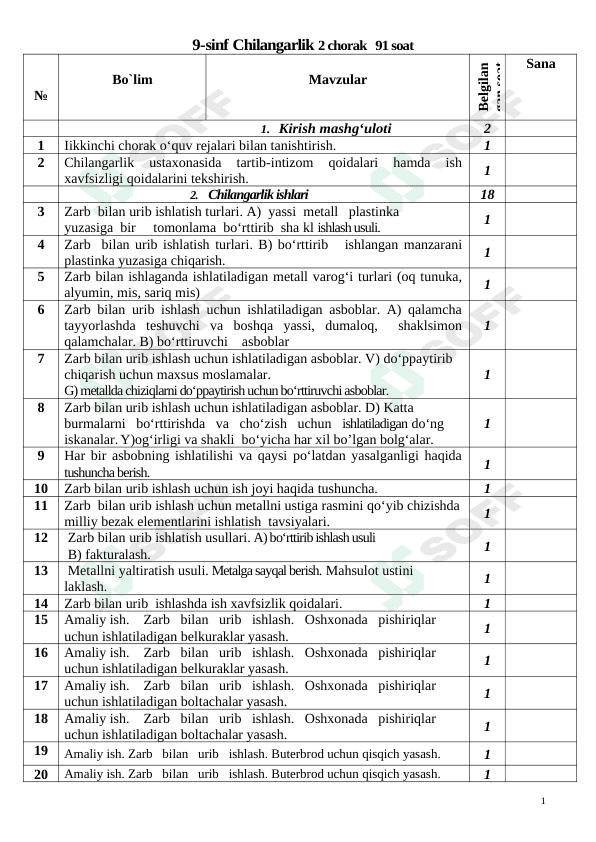 9-sinf Сhilangarlik ish reja 2-chorak