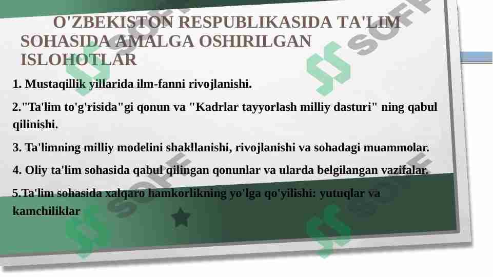 O'ZBEKISTON RESPUBLIKASIDA TA'LIM  SOHASIDA AMALGA OSHIRILGAN ISLOHOTLAR
