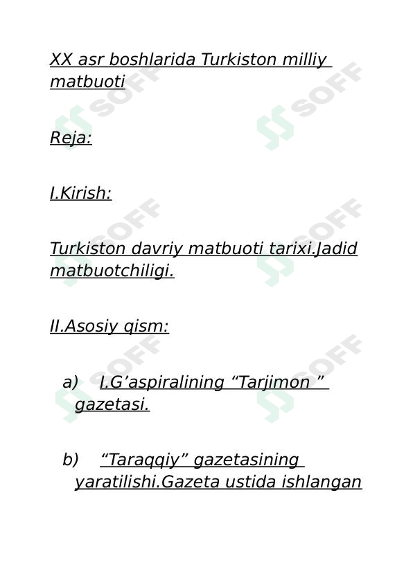 XX asr boshlarida Turkiston milliy matbuoti