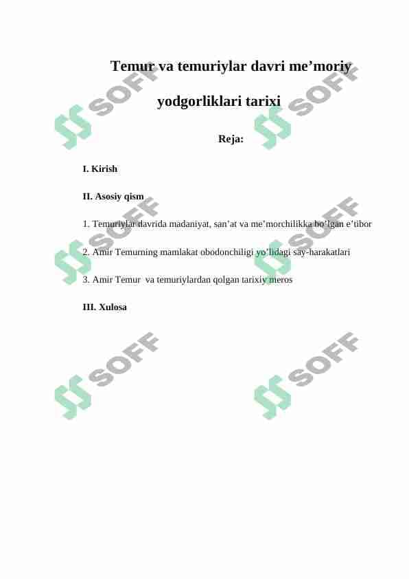 Temur va temuriylar davri me’moriy yodgorliklari tarixi