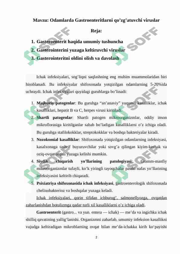 Odamlarda Gastroenteritlarni qo’zg’atuvchi viruslar