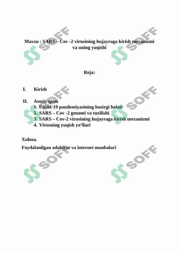 SARS – Cov -2 virusining hujayraga kirish mexanizmi va uning yuqishi