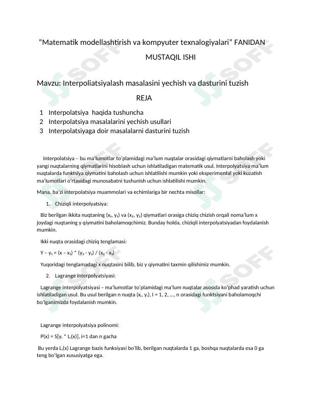 Interpoliatsiyalash masalasini yechish va dasturini tuzish