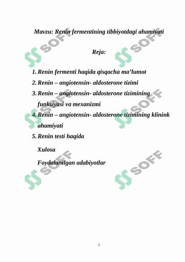 Renin fermentining tibbiyotdagi ahamiyati