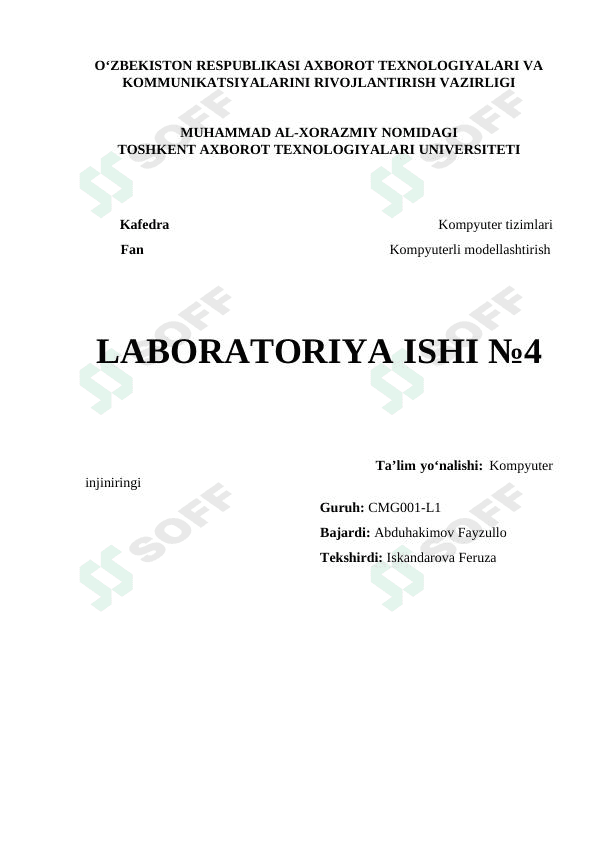 Tenglamalar yechimini Simulink paketidan foydalanib yechimini aniqlash.