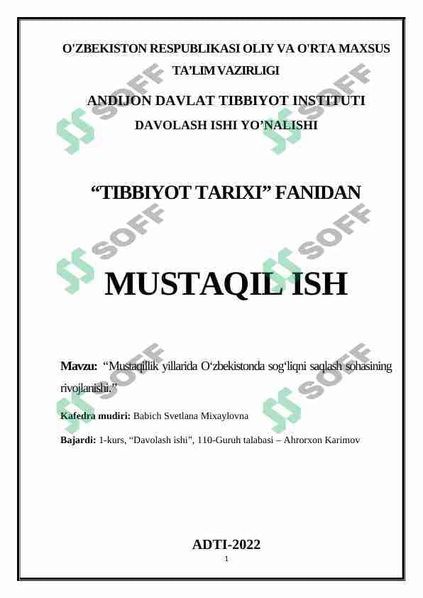 Mustaqillik yillarida O‘zbekistonda sog‘liqni saqlash sohasining rivojlanishi