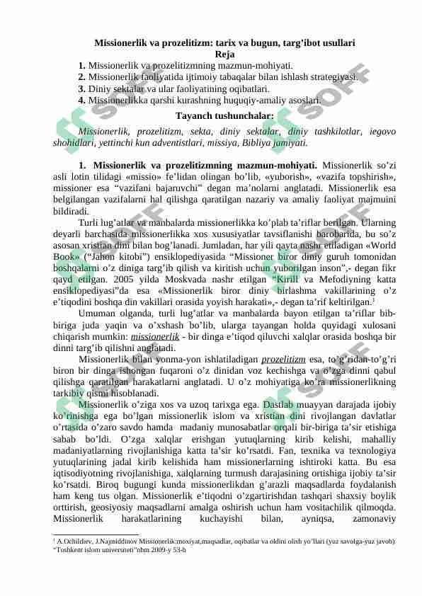 Missionerlik va prozelitizm tarix va bugun targ’ibot usullari