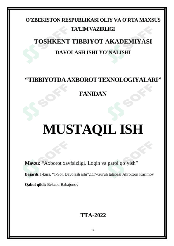 Axborot xavfsizligi. Login va parol qo‘yish