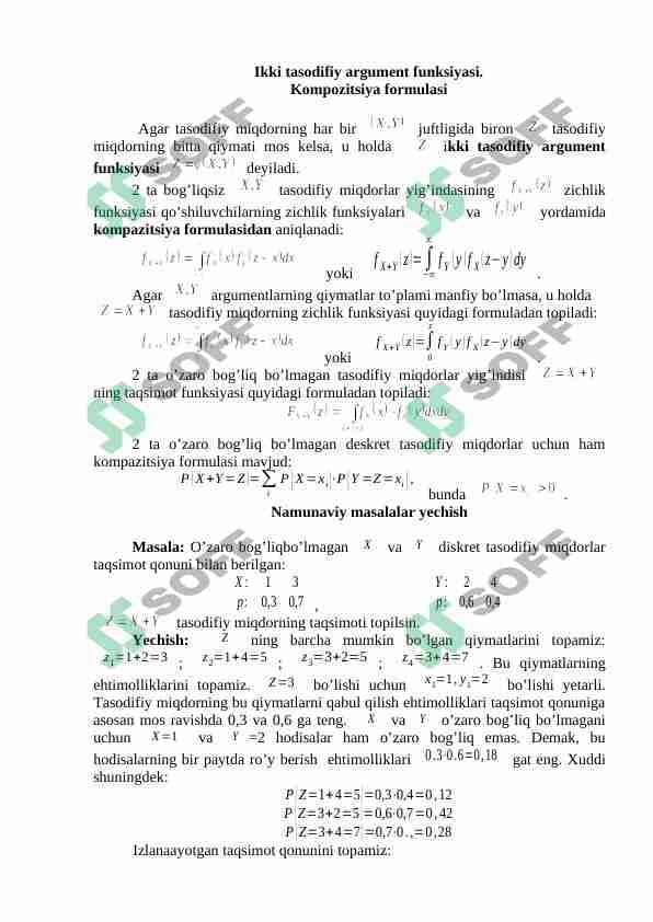 Ikki tasodifiy argument funksiyasi. Kompozitsiya formulasi