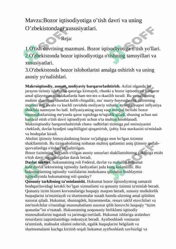 Bozor iqtisodiyotiga o’tish davri