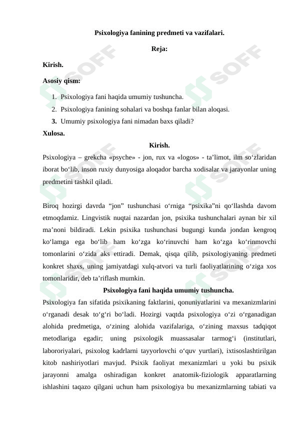 Psixologiya fanining predmeti va vazifalari