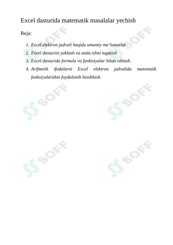 Excel dasturida matematik masalalar yechish