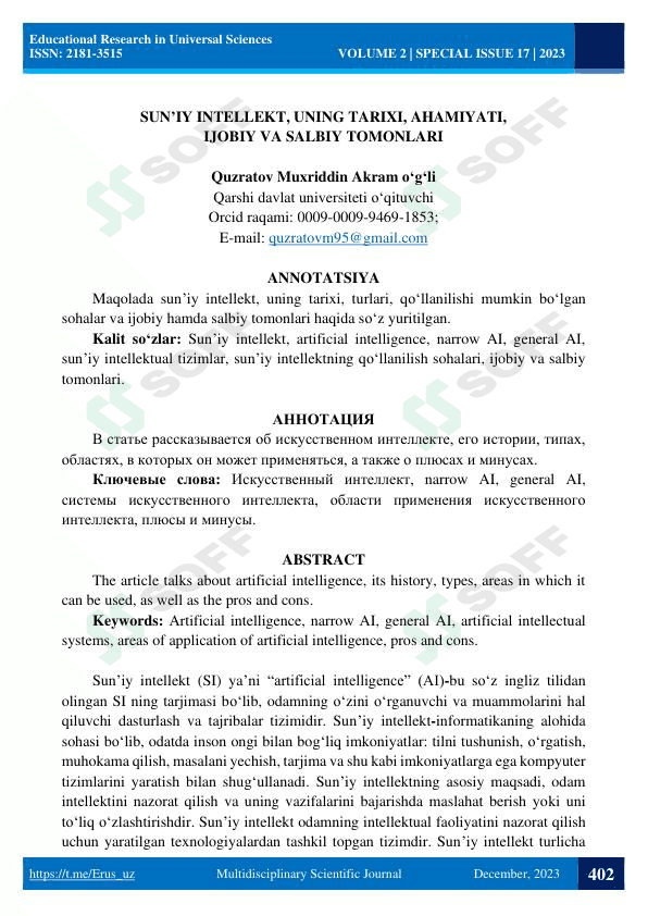 SUN’IY INTELLEKT, UNING TARIXI, AHAMIYATI, IJOBIY VA SALBIY TOMONLARI