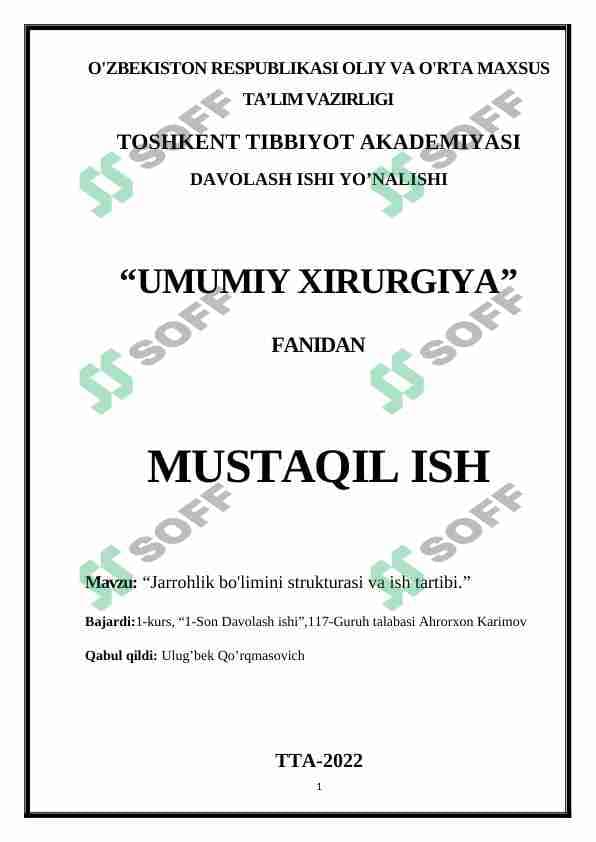 Jarrohlik bo'limini strukturasi va ish tartibi