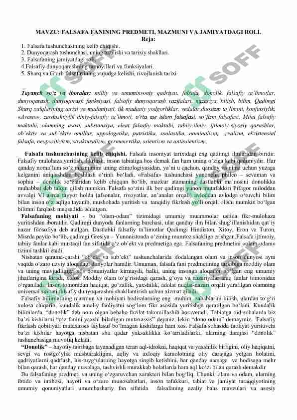 FALSAFA FANINING PREDMETI, MAZMUNI VA JAMIYATDAGI ROLI.