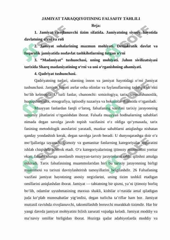 JAMIYAT TARAQQIYOTINING FALSAFIY TAHLILI