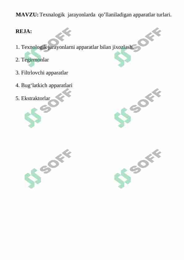 Texnalogik  jarayonlarda  qo’llaniladigan apparatlar turlari