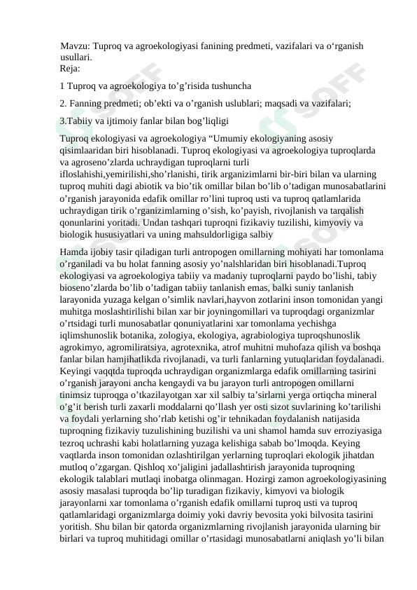 Tuproq mavzusi bo'yicha