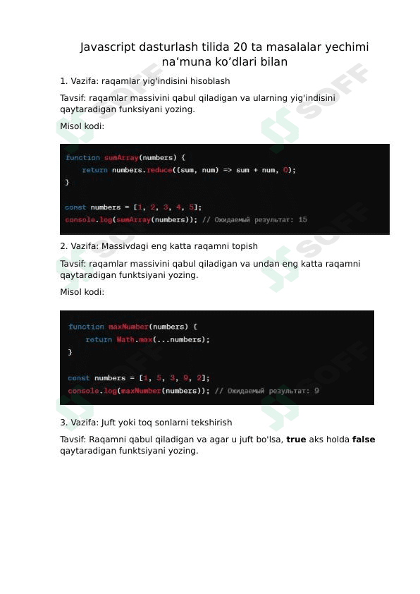 Javascript dasturlash tilidan 20 ta masalalar to'plami, ko'd na'munasi bilan.