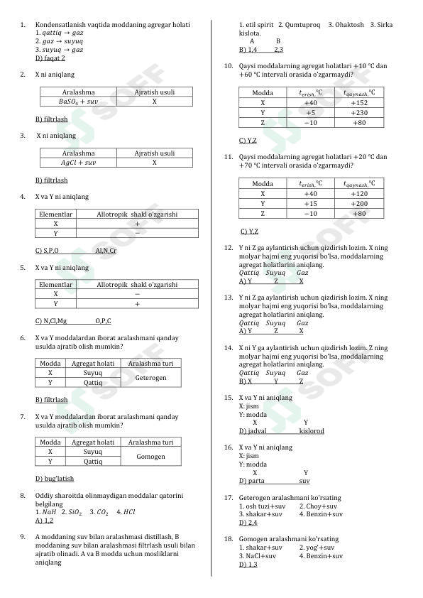 Kimyo fannidan test to'plami
