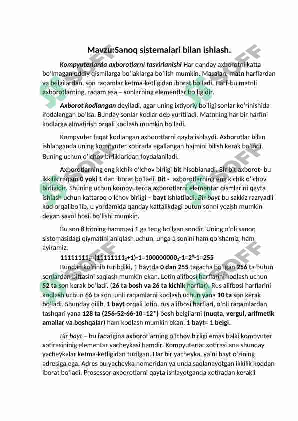 Sanoq sistemalari bilan ishlash.