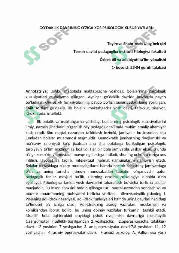 GO‘DAKLIK DAVRINING O'ZIGA XOS PSIXOLOGIK XUSUSIYATLARI