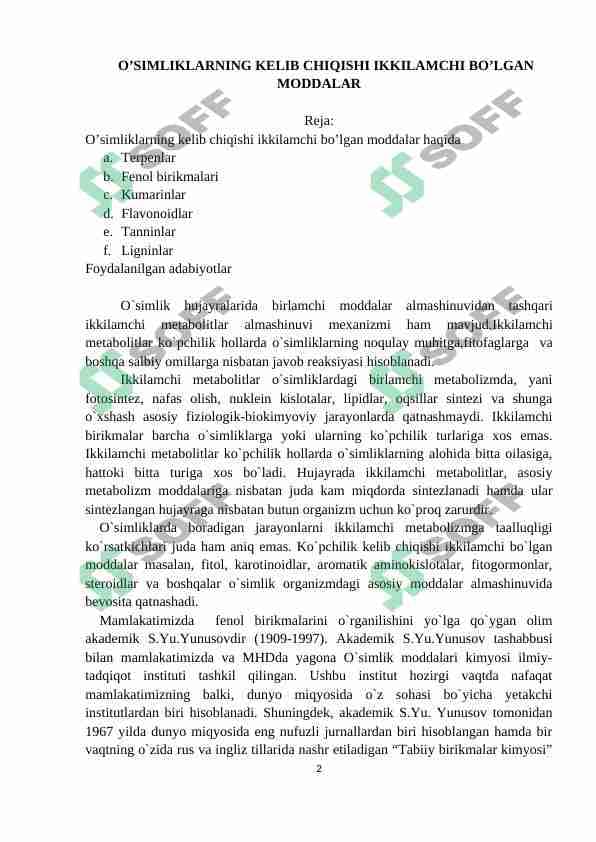 O’SIMLIKLARNING KELIB CHIQISHI IKKILAMCHI BO’LGAN MODDALAR