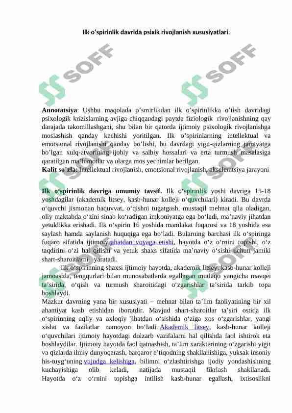 Ilk o‘spirinlik davrida psixik rivojlanish xususiyatlari.
