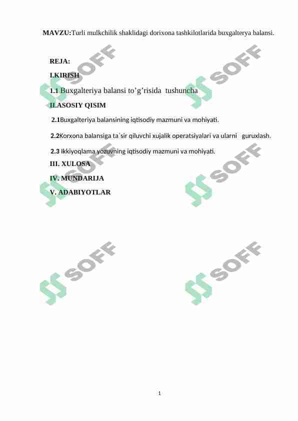 Turli mulkchilik shaklidagi dorixona tashkilotlarida buxgalterya balansi