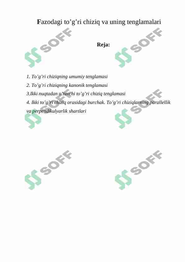 Fazodagi to'g'ri chiziq va uning tenglamalari