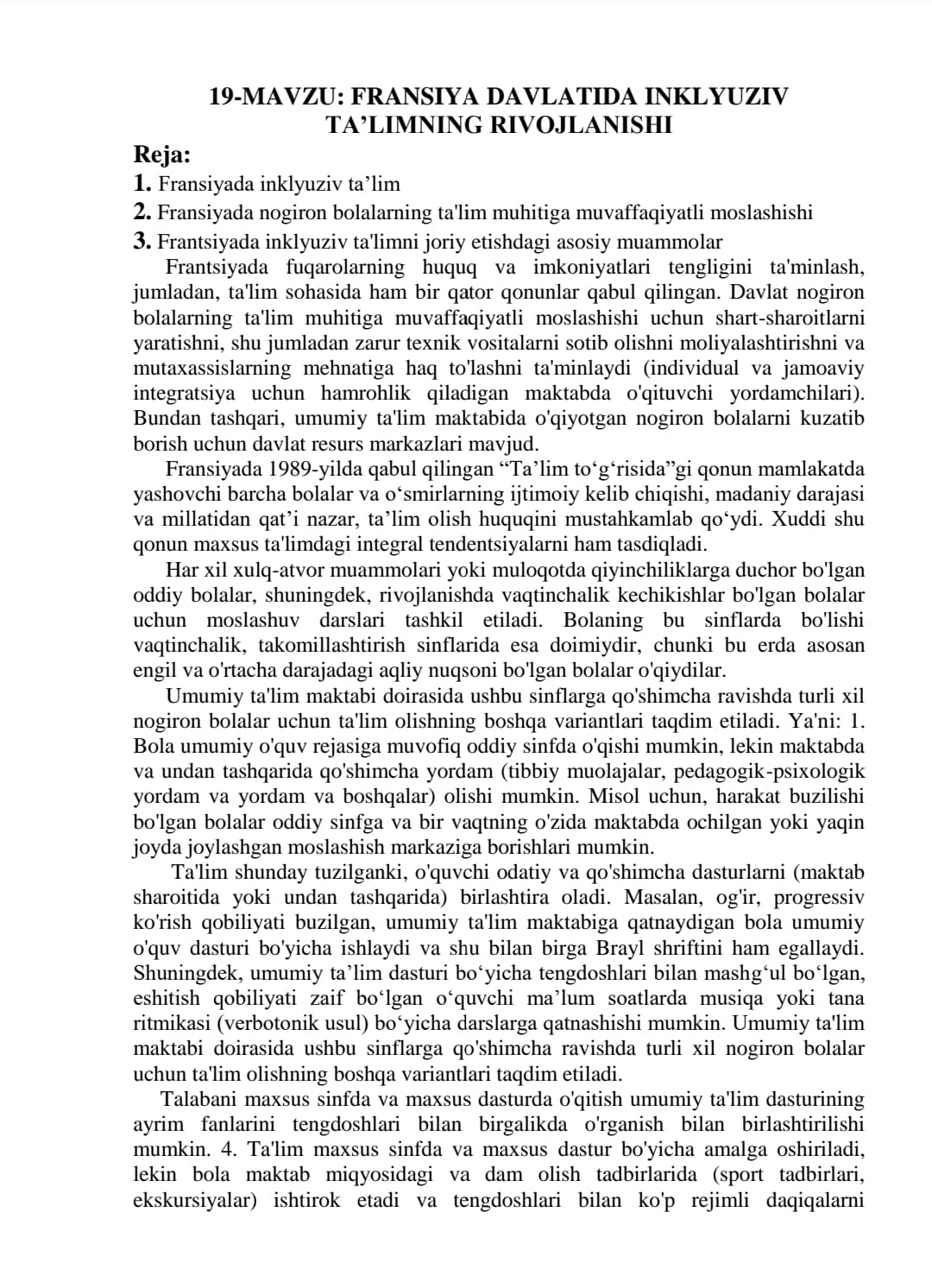 Fransiyada inklyuziv ta limni rivojlanishi