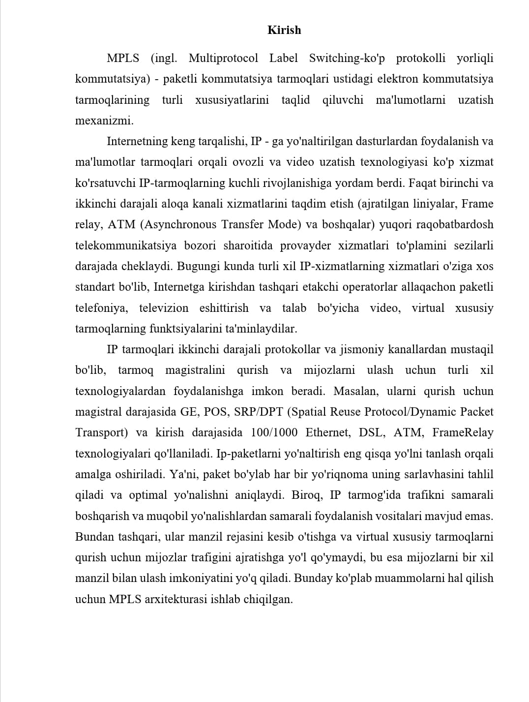 MPLS Texnologiyasi. MPLS texnologiyasining ishlash printsipi..docx