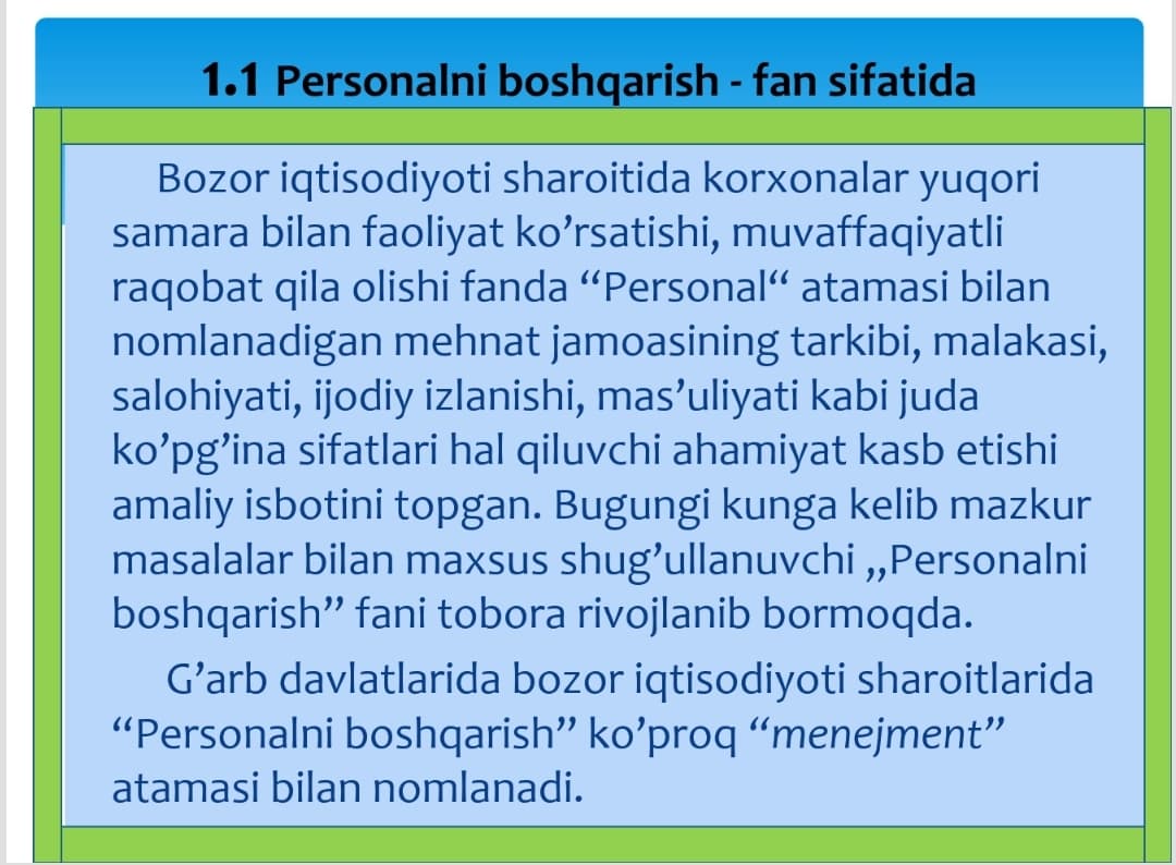 “PERSONALNI BOSHQARISH” fanining predmeti va vazifalari