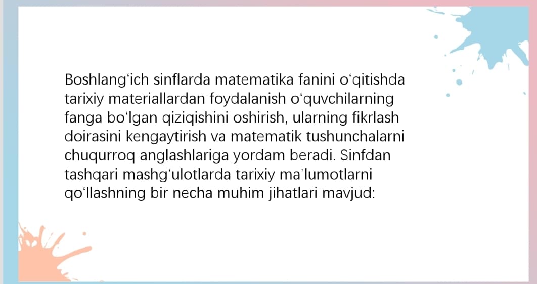 Boshlangʻich sinflarda matematikadan sinfdan tashqari ishlarda tarixiy materiallardan foydalanish