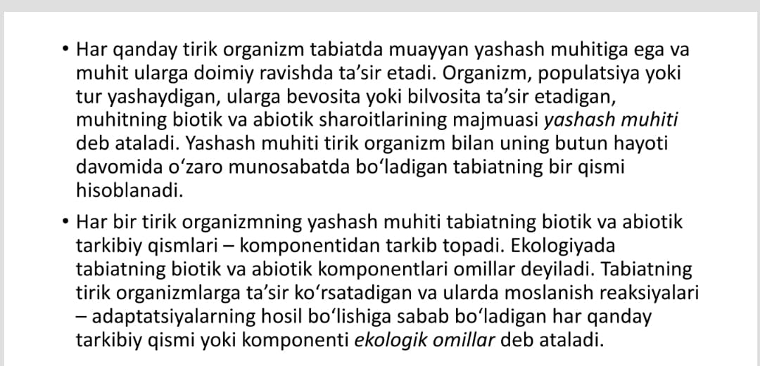 ORGANIZMLARNING YASHASH MUHITI. SUV MUHITI