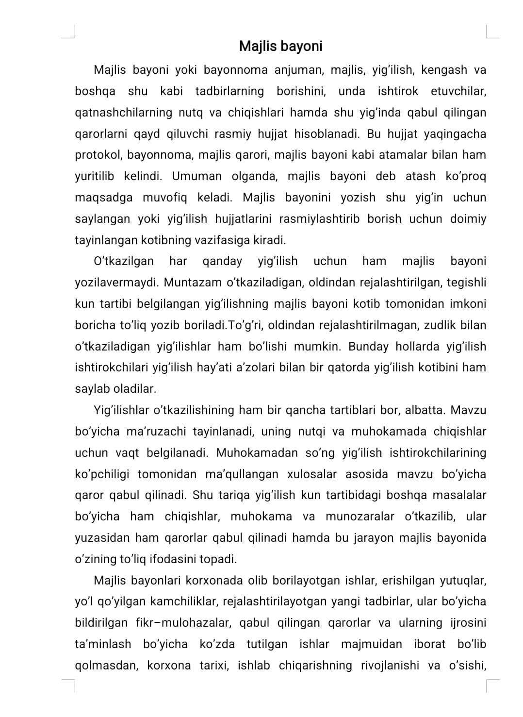 Dalolatnoma. Ma’lumotnoma. Majlis bayoni. Hisobot