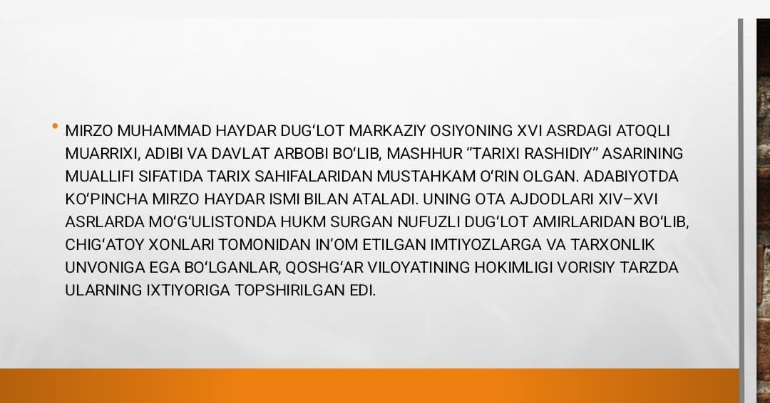 MIRZO MUHAMMAD HAYDAR DUG’LOTNING HAYOTI FAOLIYATI VA ILMIY MEROSI