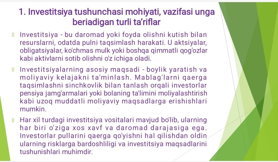 INVESTITSIYA TUSHUNCHASINING MAZMUNI VA UNGA BERILGAN TURLI TA’RIFLAR